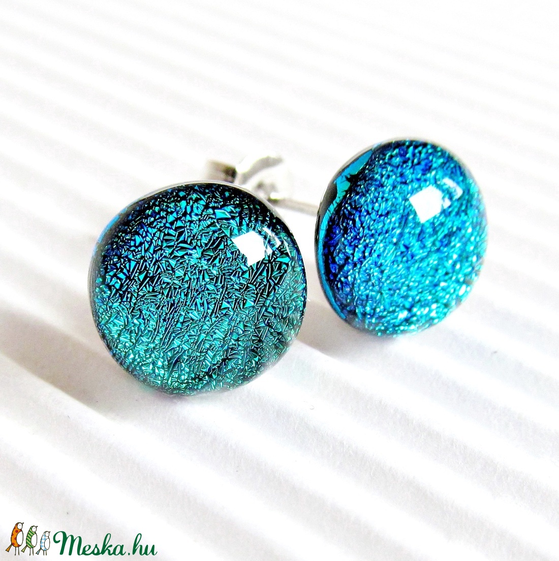 Türkiz-zöld csillogás üveg fülbevaló, üvegékszer -  - Meska.hu