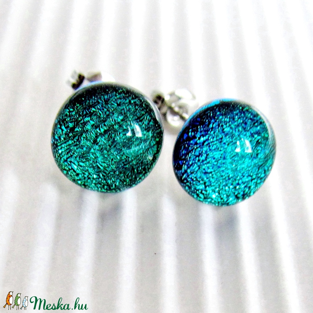 Türkiz-zöld csillogás üveg fülbevaló, üvegékszer -  - Meska.hu