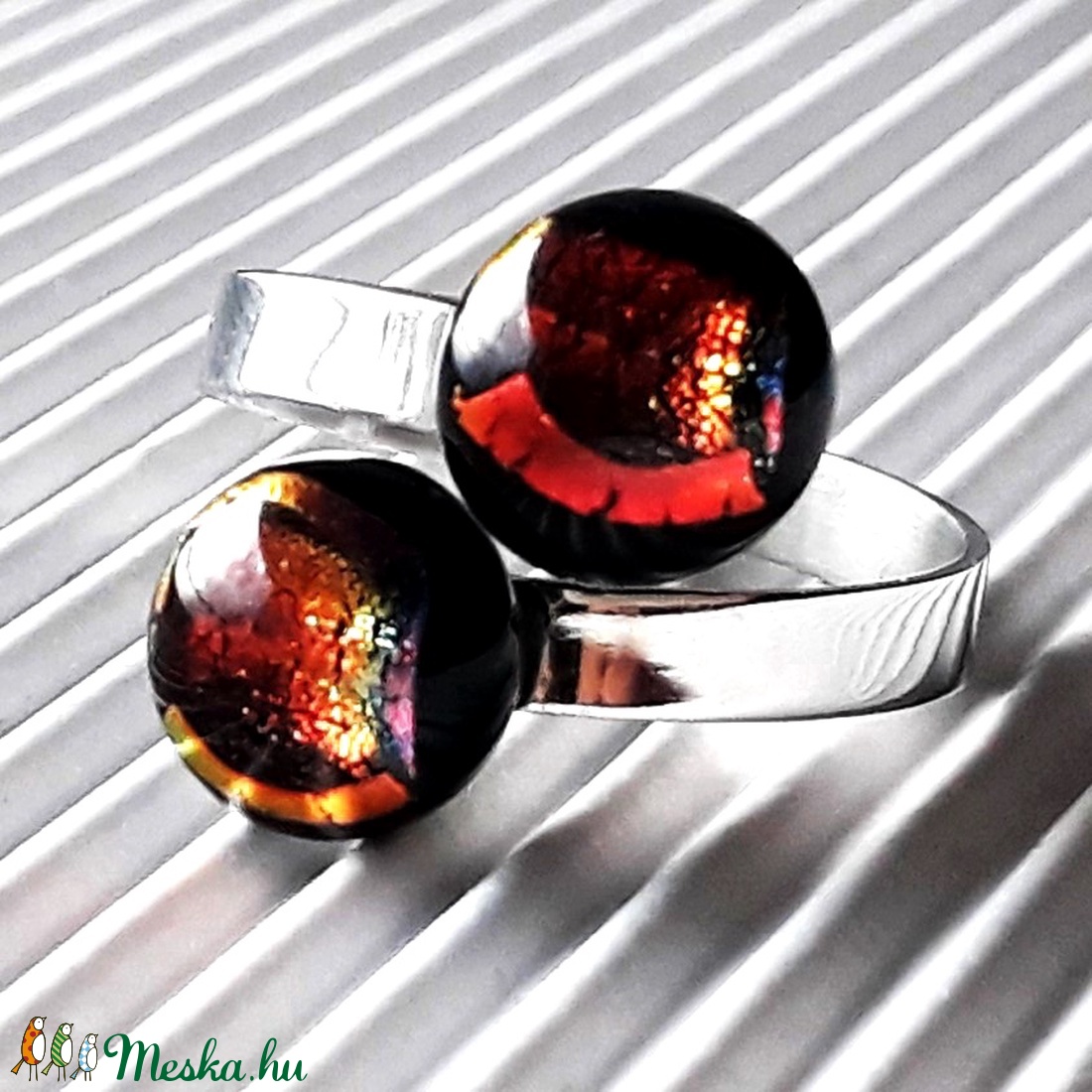 Ragyogó csillagpor dupla bogyós üveg gyűrű nemesacél alapon, trendi, design üvegékszer - ékszer - gyűrű - statement gyűrű - Meska.hu