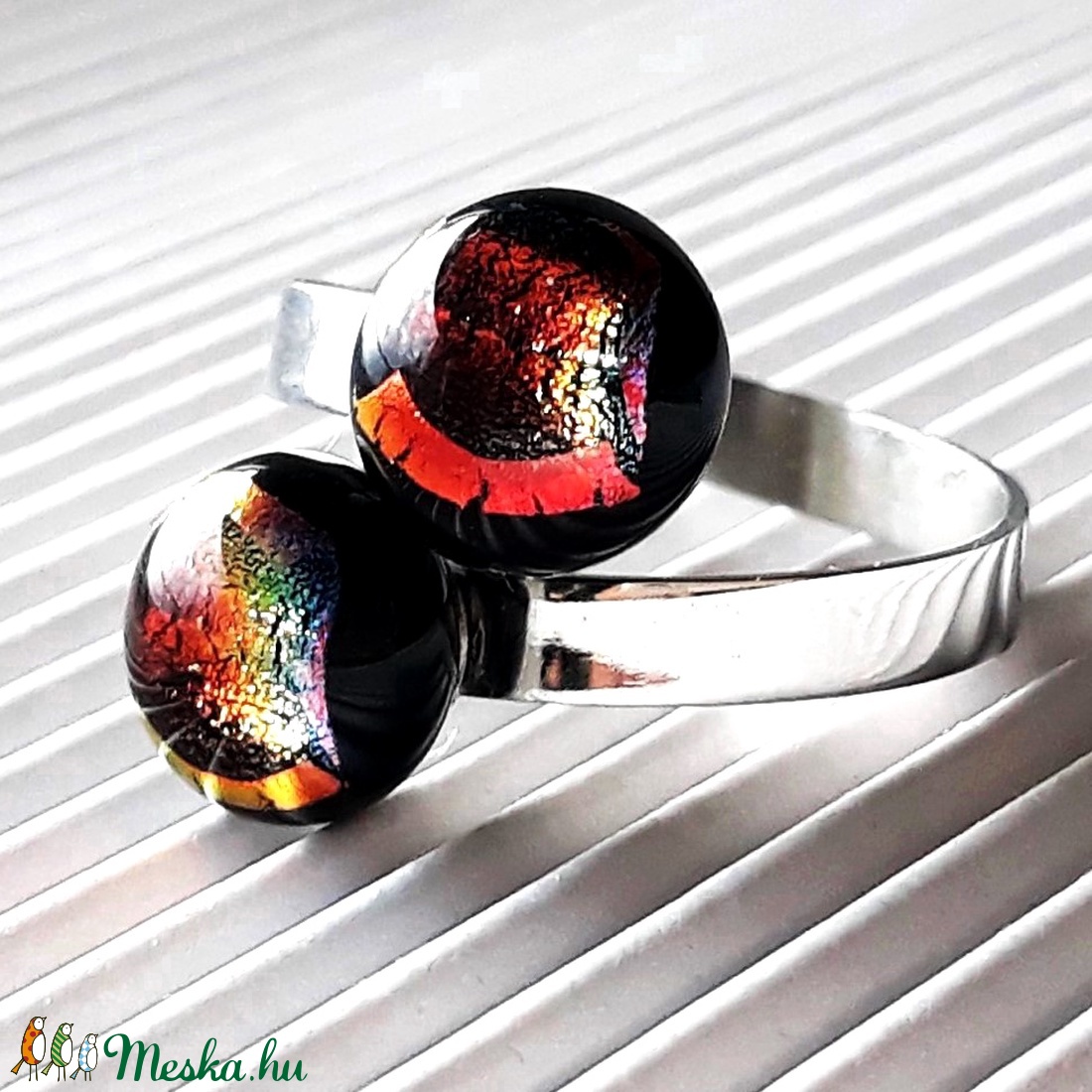 Ragyogó csillagpor dupla bogyós üveg gyűrű nemesacél alapon, trendi, design üvegékszer - ékszer - gyűrű - statement gyűrű - Meska.hu