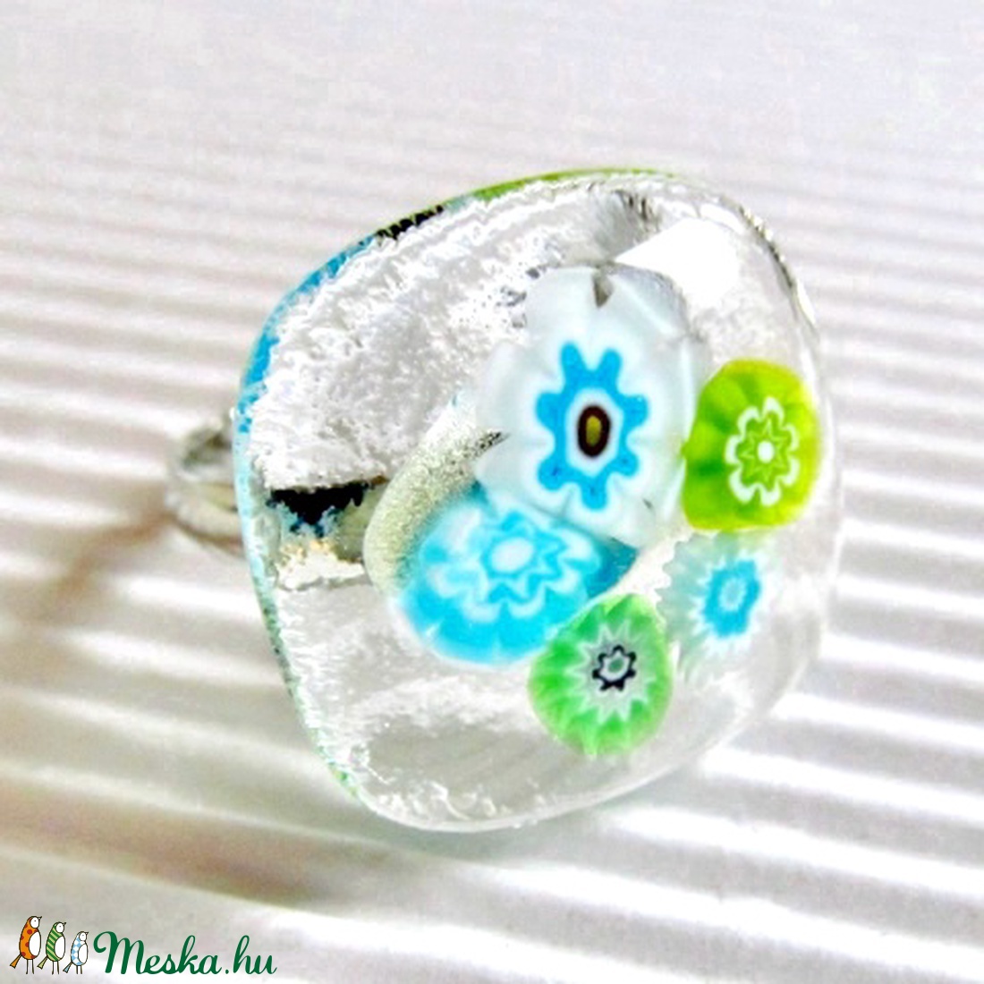 Tavaszi türkiz-almazöld virágtenger üveg gyűrű, millefiori, virág, üvegékszer - ékszer - gyűrű - statement gyűrű - Meska.hu