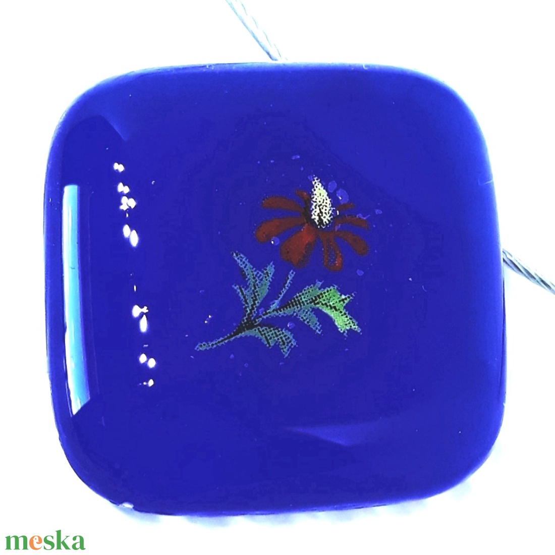 AKCIÓS! - Piros virág királykéken üveg medál, nyaklánc, NEMESACÉL, üvegékszer - ékszer - nyaklánc - medálos nyaklánc - Meska.hu