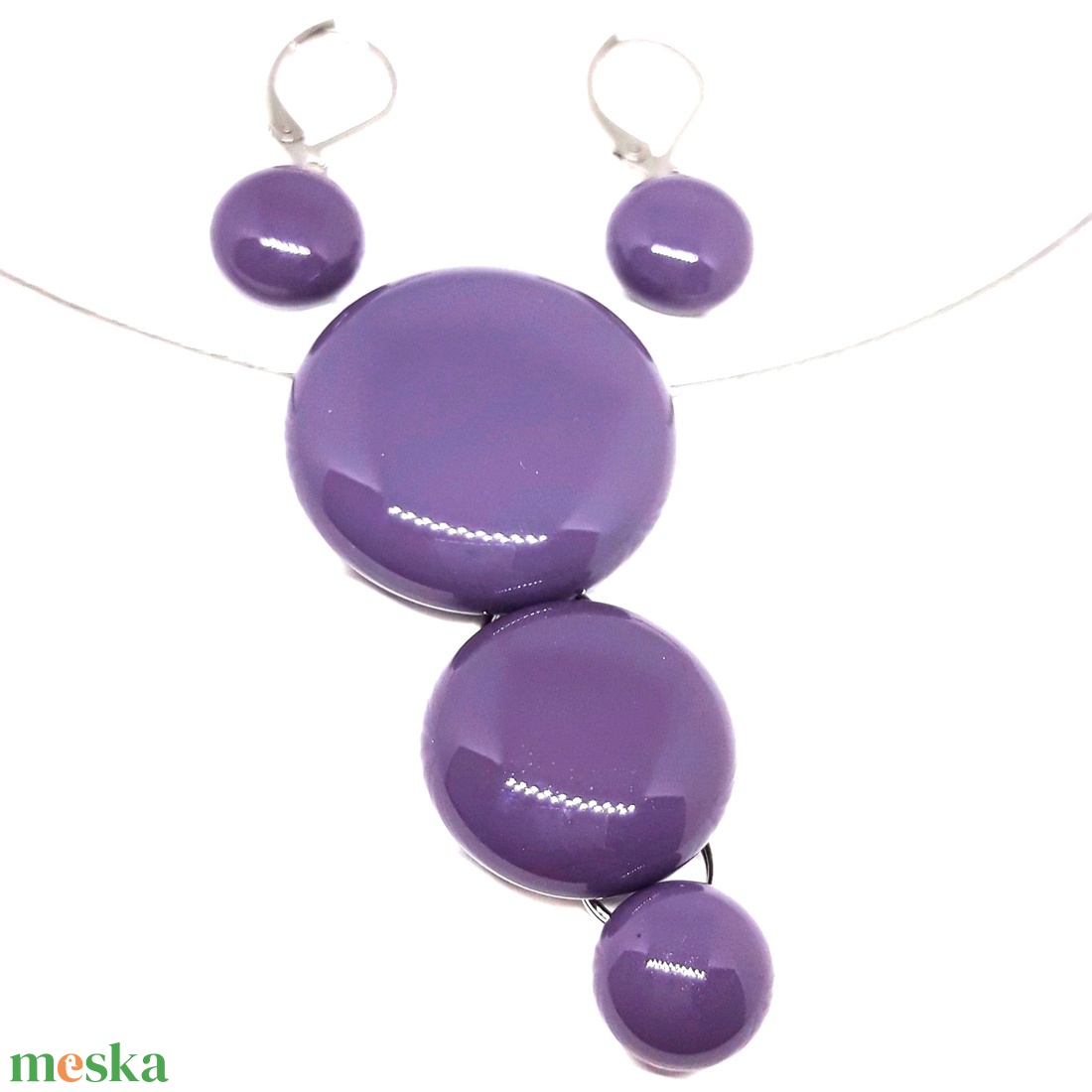 NEMESACÉL - Viola lila körfüzér maxi üveg medál és francia kapcsos pötty fülbevaló, nyaklánc, üvegékszer szett - ékszer - ékszerszett - Meska.hu