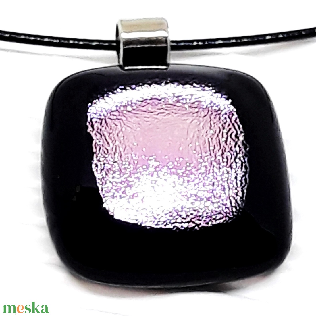 Szirén fekete-rózsaszín dichroic üveg medál és franciakapcsos fülbevaló, NEMESACÉL, üvegékszer szett - ékszer - ékszerszett - Meska.hu
