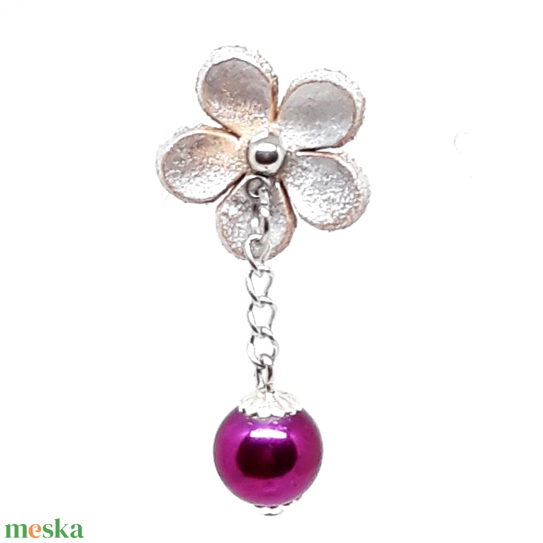 Ezüst virág pink hematit ásvány gyönggyel kitűző, NEMESACÉL, ásványgyöngy ékszer - ékszer - kitűző és bross - Meska.hu