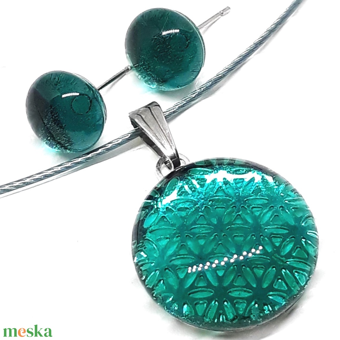 Életvirág mandala tengerszínben üveg medál és pötty fülbevaló, NEMESACÉL/ORVOSI FÉM, nyaklánc üvegékszer szett - ékszer - ékszerszett - Meska.hu