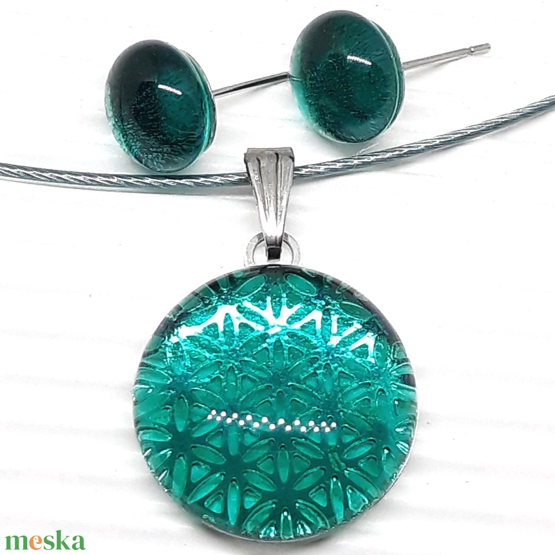 Életvirág mandala tengerszínben üveg medál és pötty fülbevaló, NEMESACÉL/ORVOSI FÉM, nyaklánc üvegékszer szett - ékszer - ékszerszett - Meska.hu
