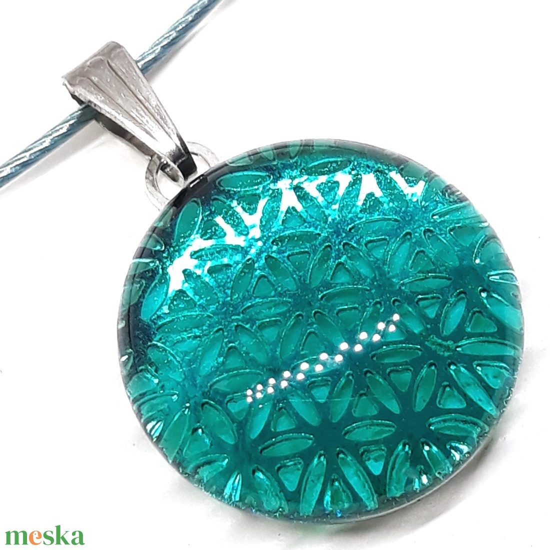 Életvirág mandala tengerszínben üveg medál és pötty fülbevaló, NEMESACÉL/ORVOSI FÉM, nyaklánc üvegékszer szett - ékszer - ékszerszett - Meska.hu