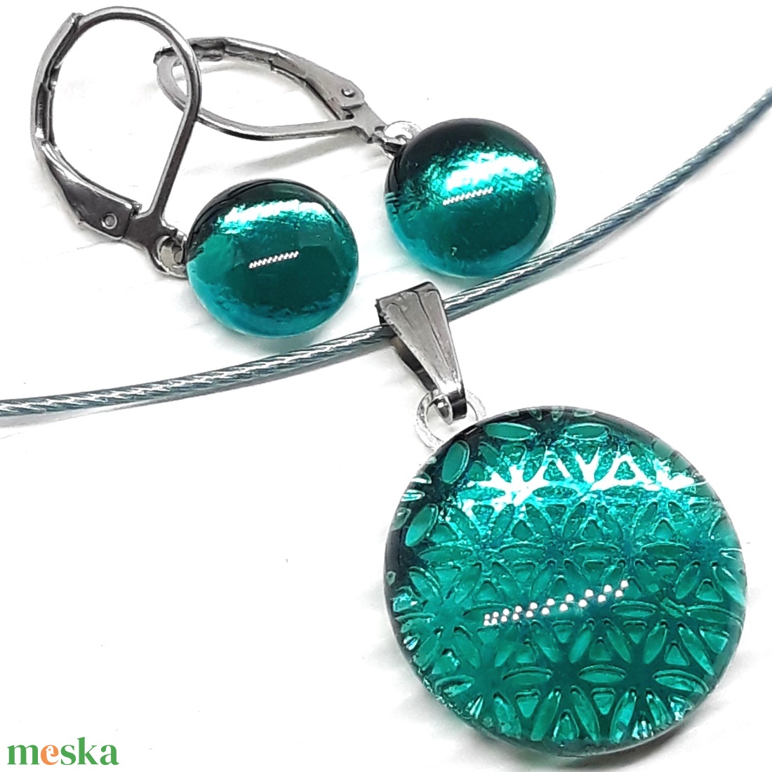 Életvirág mandala tengerszínben üveg medál és pötty fülbevaló, NEMESACÉL/ORVOSI FÉM, nyaklánc üvegékszer szett - ékszer - ékszerszett - Meska.hu