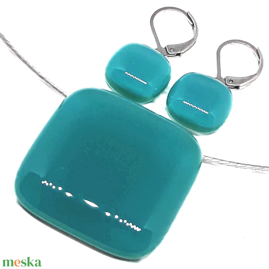 NEMESACÉL - Hamvas smaragd üveg rombusz medál és francia kapcsos fülbevaló, üvegékszer szett - ékszer - ékszerszett - Meska.hu