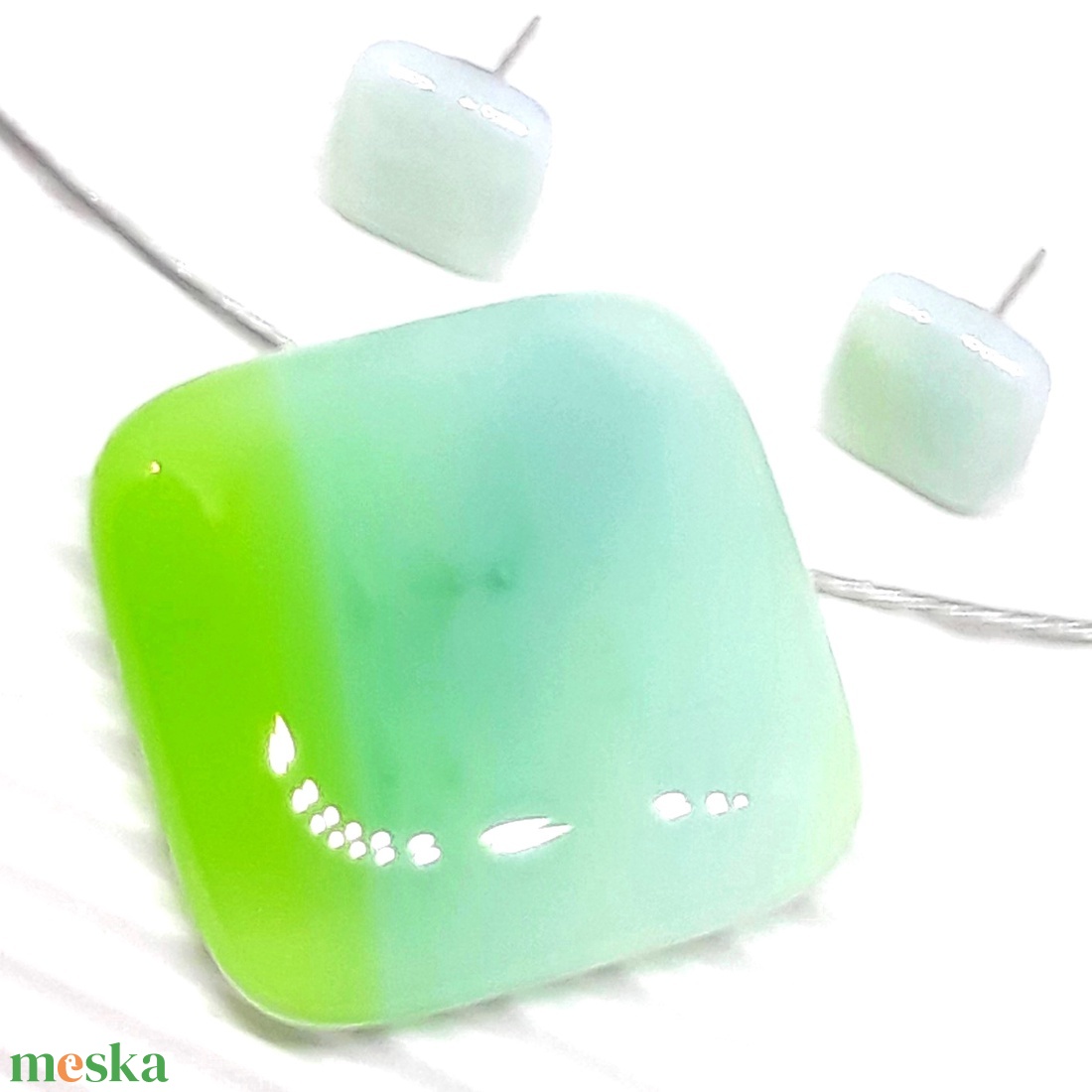 NEMESACÉL - Kék-zöld  opál holdkő ombre rombusz üveg medál, üvegékszer - ékszer - nyaklánc - medálos nyaklánc - Meska.hu