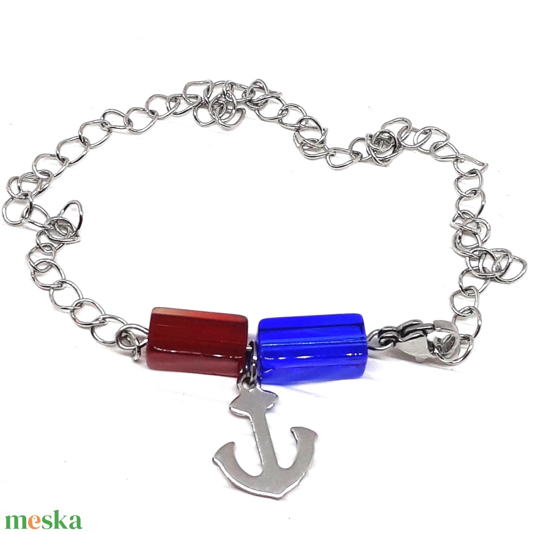 NEMESACÉL bokalánc tengerész stílusban, minimal üveggyöngyökkel, horgony charmmal, nemesacél ékszer - ékszer - lábdísz és testékszer - bokalánc - Meska.hu