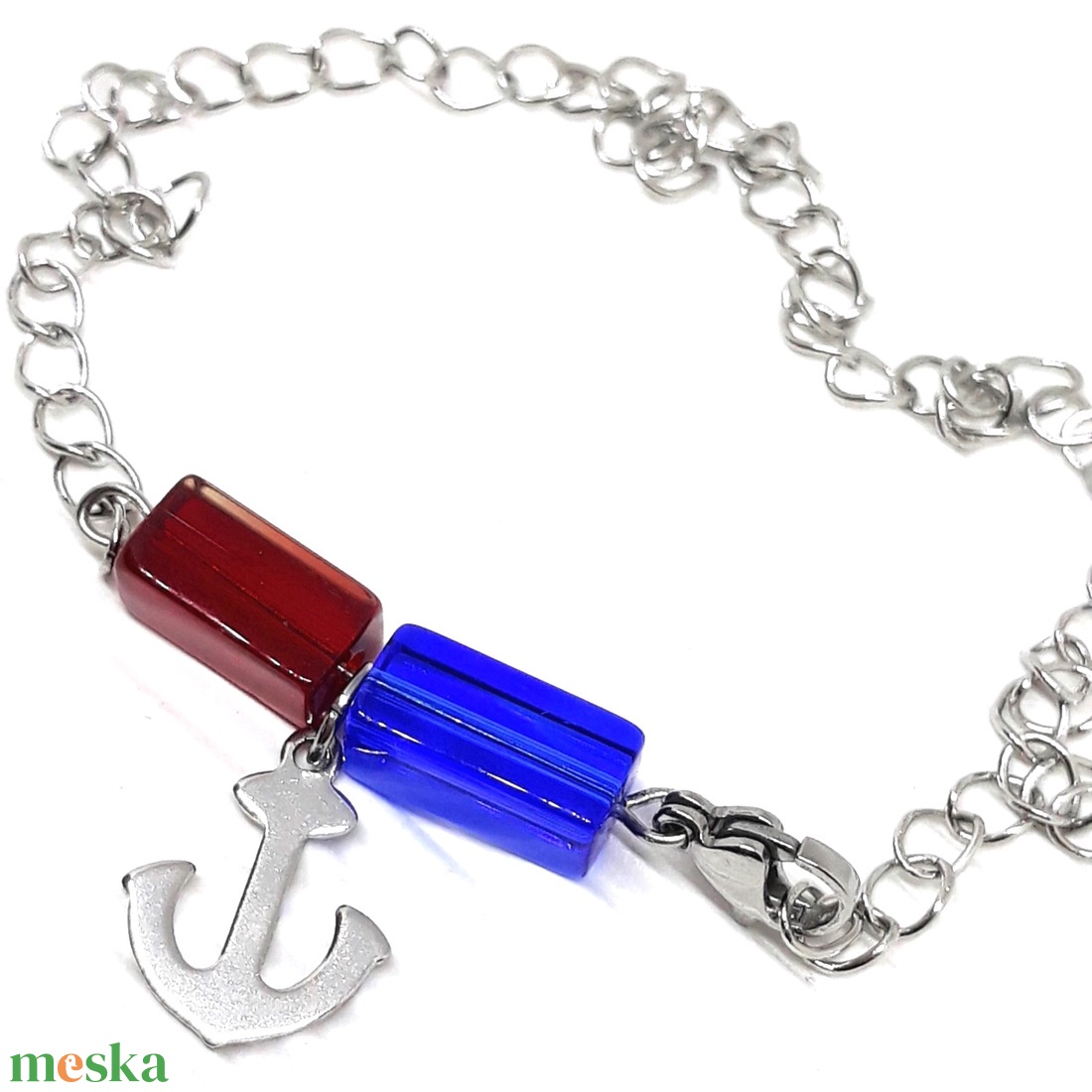 NEMESACÉL bokalánc tengerész stílusban, minimal üveggyöngyökkel, horgony charmmal, nemesacél ékszer - ékszer - lábdísz és testékszer - bokalánc - Meska.hu