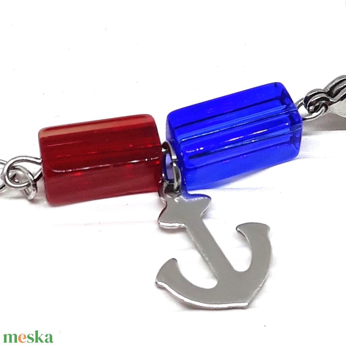 NEMESACÉL bokalánc tengerész stílusban, minimal üveggyöngyökkel, horgony charmmal, nemesacél ékszer - ékszer - lábdísz és testékszer - bokalánc - Meska.hu