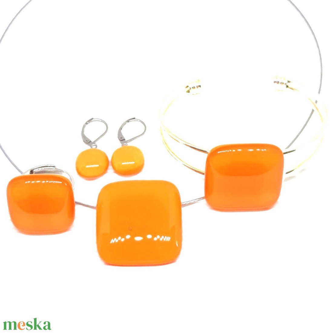 NEMESACÉL - Selymes mandarin kocka üveg medál, karkötő, gyűrű és fülbevaló, üvegékszer szett - ékszer - ékszerszett - Meska.hu
