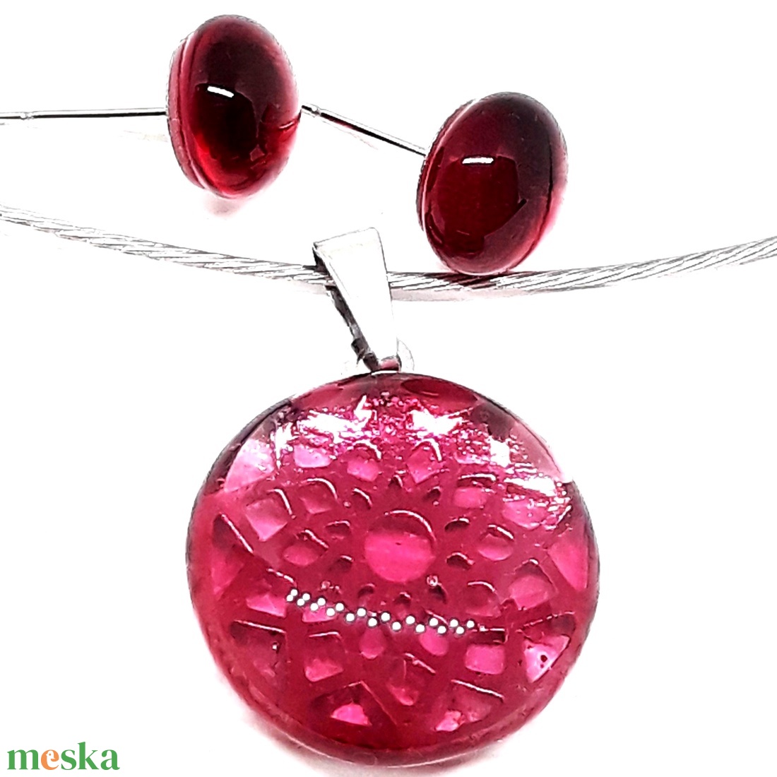 NEMESACÉL! Életvirág mandala málnában üveg medál és pötty fülbevaló, üvegékszer szett - ékszer - ékszerszett - Meska.hu