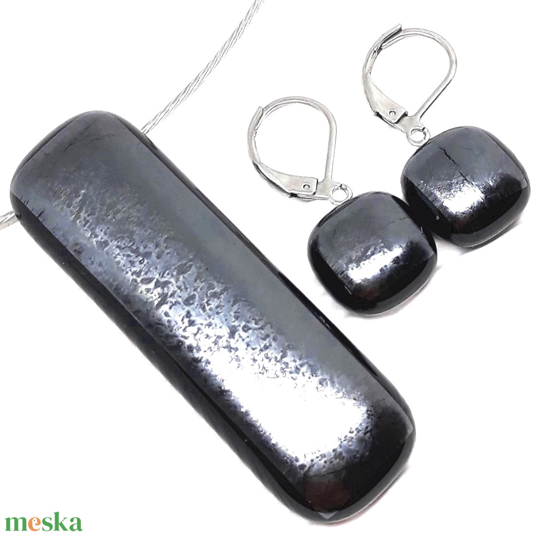 NEMESACÉL - Ezüst szürke metál fény elegáns üveg medál, nyaklánc, üvegékszer - ékszer - nyaklánc - medálos nyaklánc - Meska.hu