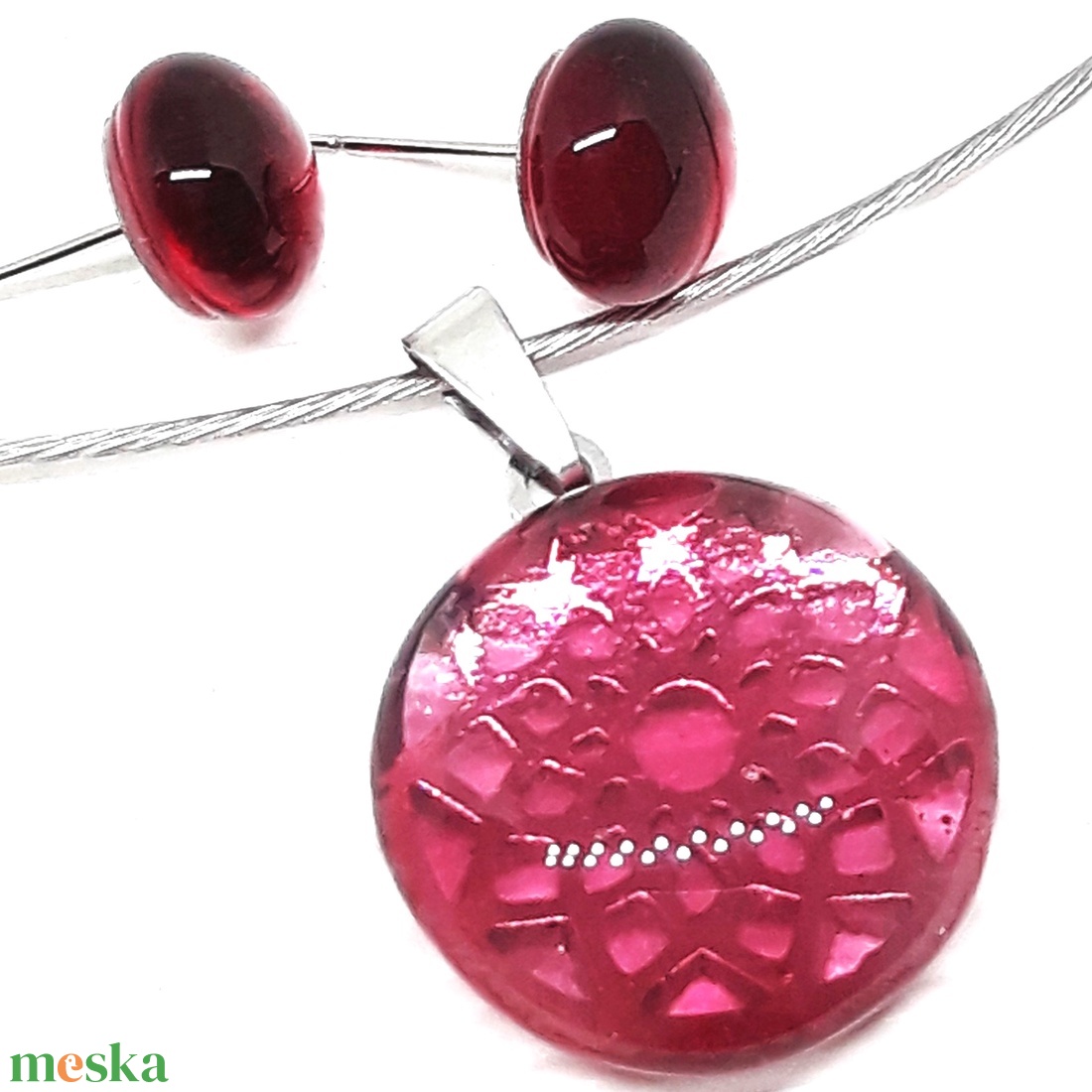 NEMESACÉL! Életvirág mandala málnában üveg medál és pötty fülbevaló, üvegékszer szett - ékszer - ékszerszett - Meska.hu