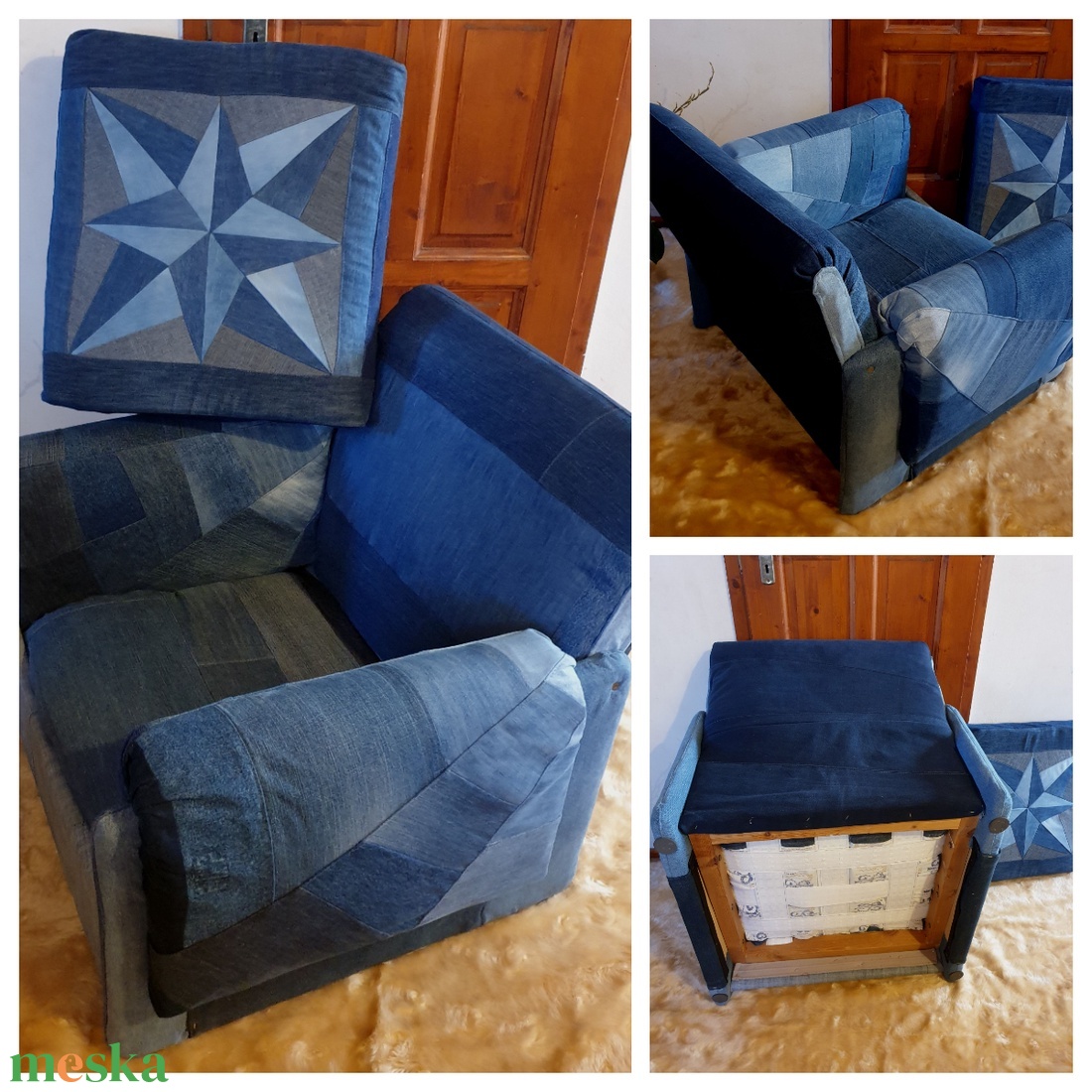 Fotel, farmer patchwork, retro, egyedileg felújított, ajándék nagy párnával, kézműves - otthon & életmód - bútor - szék & fotel - Meska.hu Fotel, farmer patchwork, retro, egyedileg felújított, ajándék nagy párnával, kézműves - otthon & életmód - bútor - szék & fotel - Meska.hu