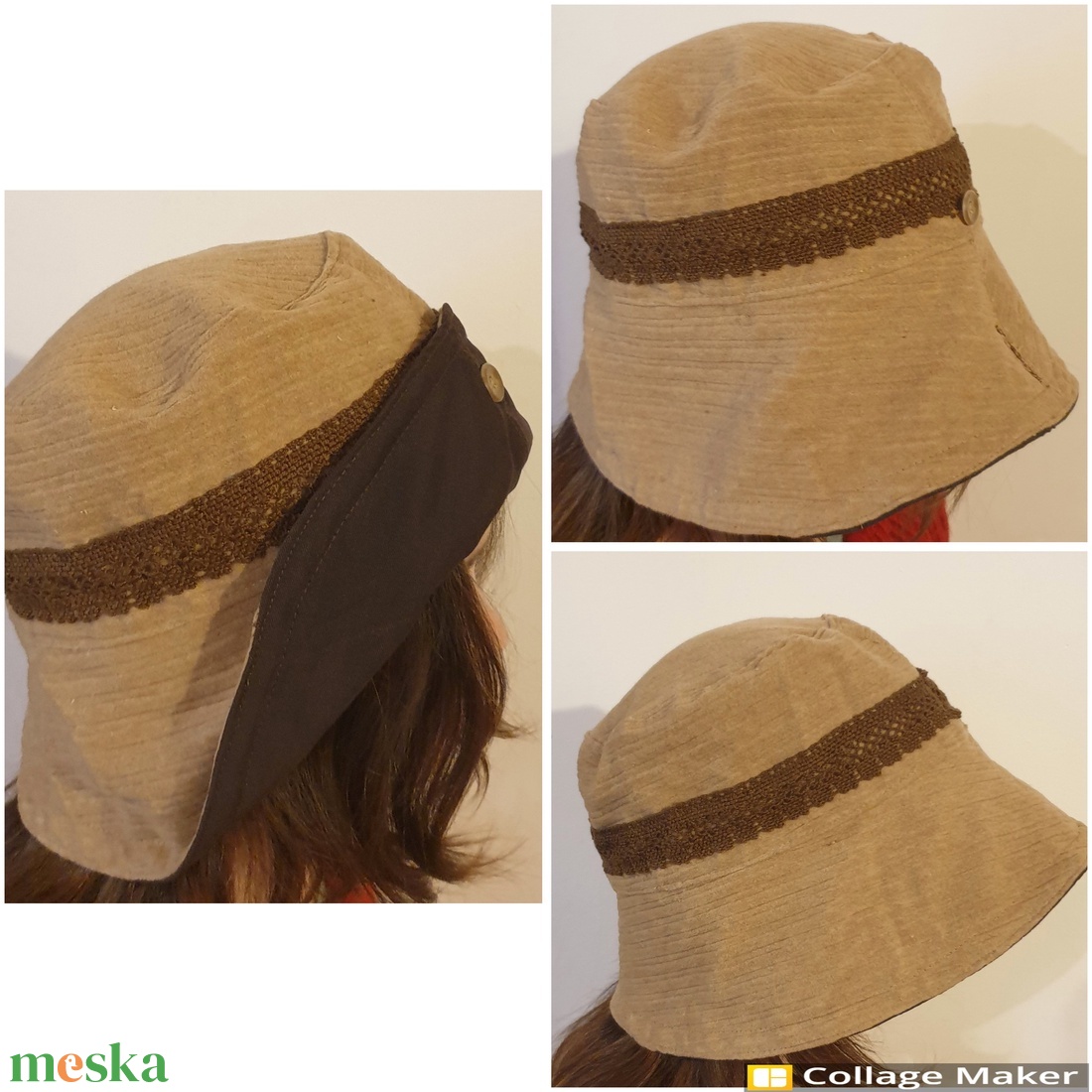 Kalap, sapka: kifordítható. Ajándék kitűzővel. 57 cm. Barna virágos és középbarna, csipkés. Upcycling, NoWaste. Egyedi - ruha & divat - sál, sapka, kendő - kalap - Meska.hu