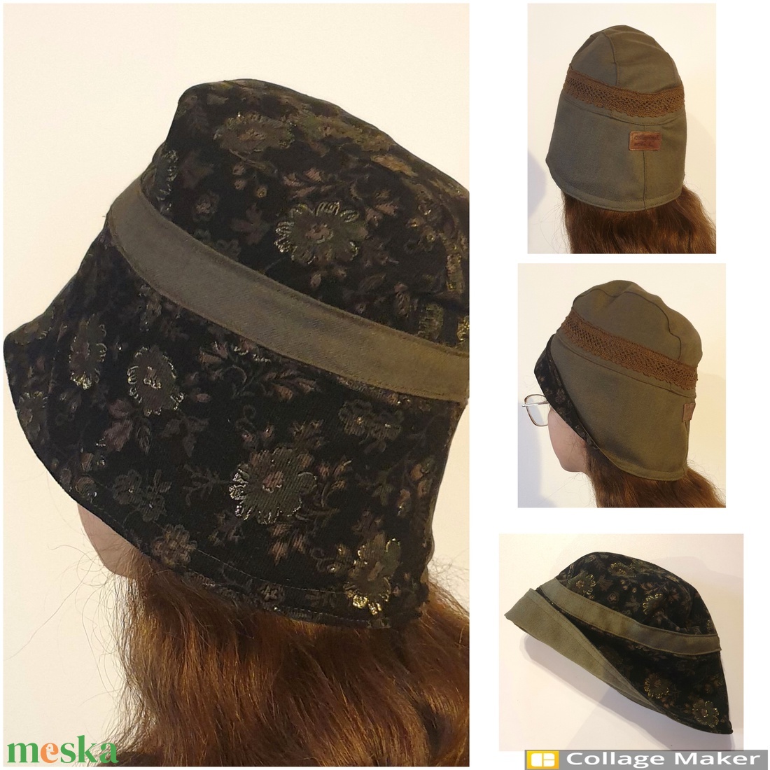 Női kalap, sapka: kifordítható, 53 cm. Terepzöld szövet, barna csipkével és kordbársony, virágokkal. Upcycled, NoWaste. - ruha & divat - sál, sapka, kendő - kalap - Meska.hu