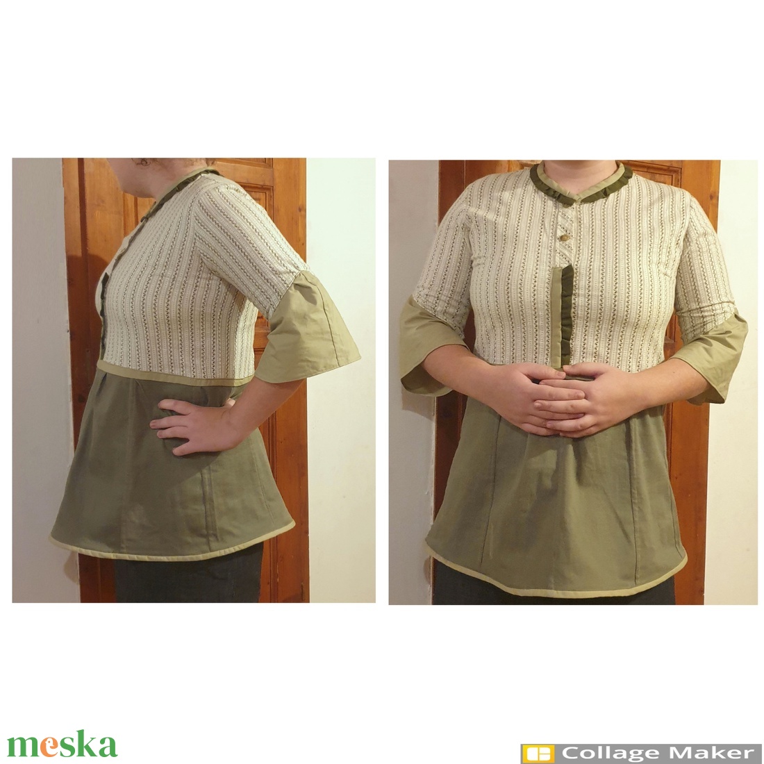 Tunika, natúr stílusban, L, 46 méret. Pamut és len felsőrész, rózsákkal, terepzöld farmerrel. Új, egyedi, Upcycled, NoWa - ruha & divat - női ruha - tunika - Meska.hu