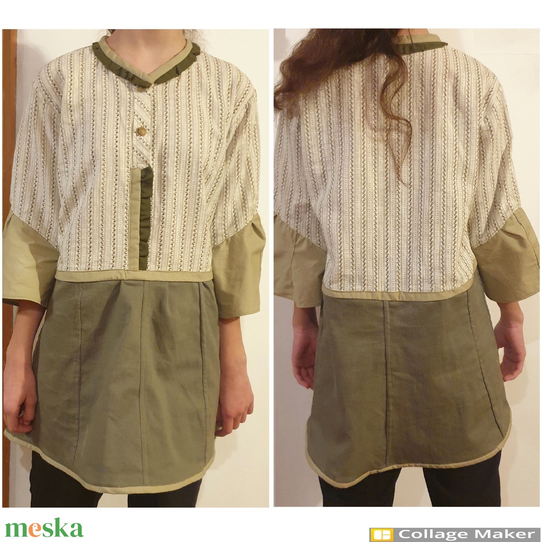 Tunika, natúr stílusban, L, 46 méret. Pamut és len felsőrész, rózsákkal, terepzöld farmerrel. Új, egyedi, Upcycled, NoWa - ruha & divat - női ruha - tunika - Meska.hu