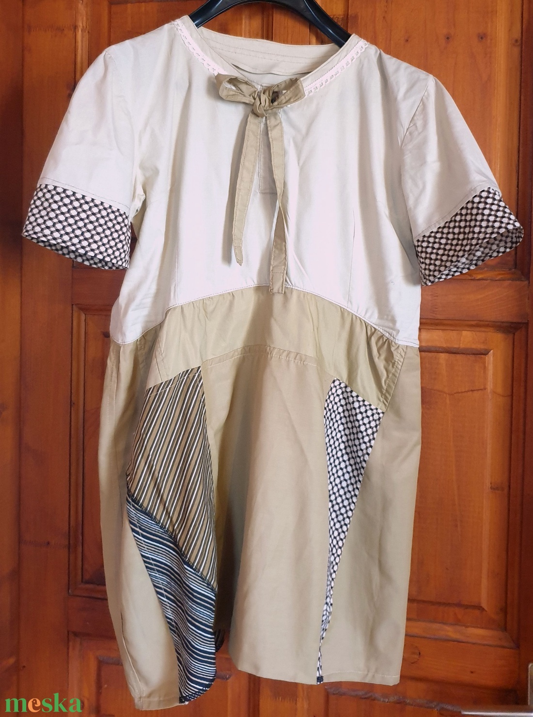 Tunika, bézs és barna, L, 44 méret. Pamut és spandex, csipkés. Ívelt derékrész és alj. Új, egyedi, Upcycled, NoWaste. - ruha & divat - női ruha - tunika - Meska.hu