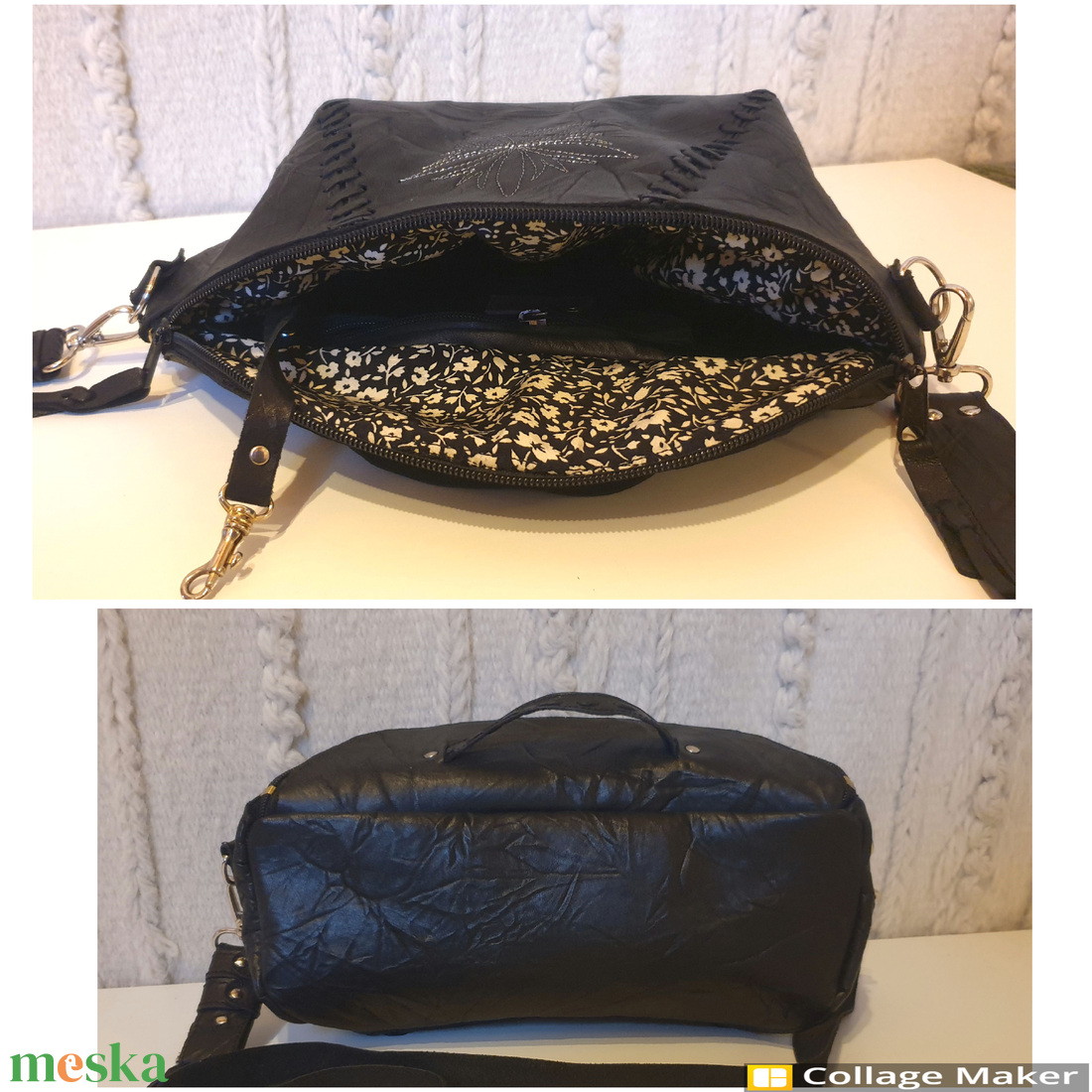 Övtáska, retikül. Fekete valódi bőr, ezüst virággal, bőrfűzéssel. Egyedi, kézműves. Ajándéknak is - táska & tok - övtáska - Meska.hu