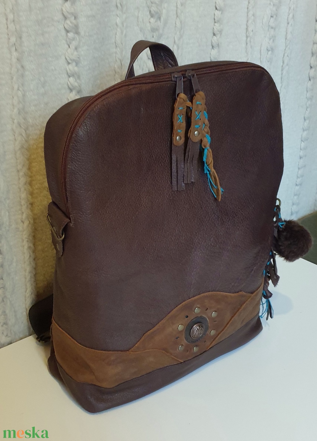 Hátizsák, valódi bőr, laptopnak is, nagyméretű. Barna, türkizzel. Új, egyedi, kézműves termék - táska & tok - laptoptáska, laptop hátizsák - Meska.hu