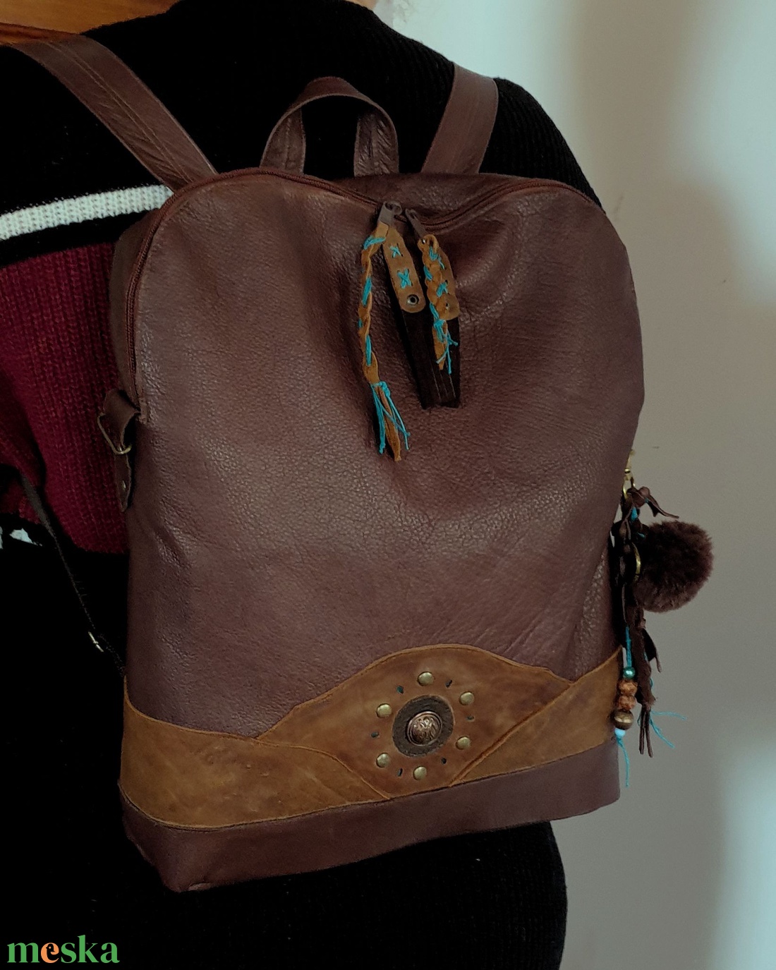 Hátizsák, valódi bőr, laptopnak is, nagyméretű. Barna, türkizzel. Új, egyedi, kézműves termék - táska & tok - laptoptáska, laptop hátizsák - Meska.hu