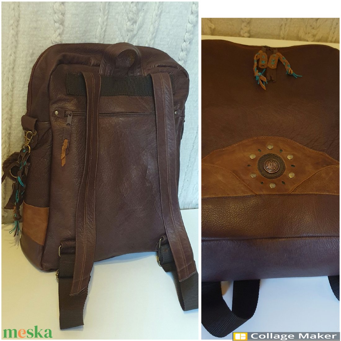 Hátizsák, valódi bőr, laptopnak is, nagyméretű. Barna, türkizzel. Új, egyedi, kézműves termék - táska & tok - laptoptáska, laptop hátizsák - Meska.hu