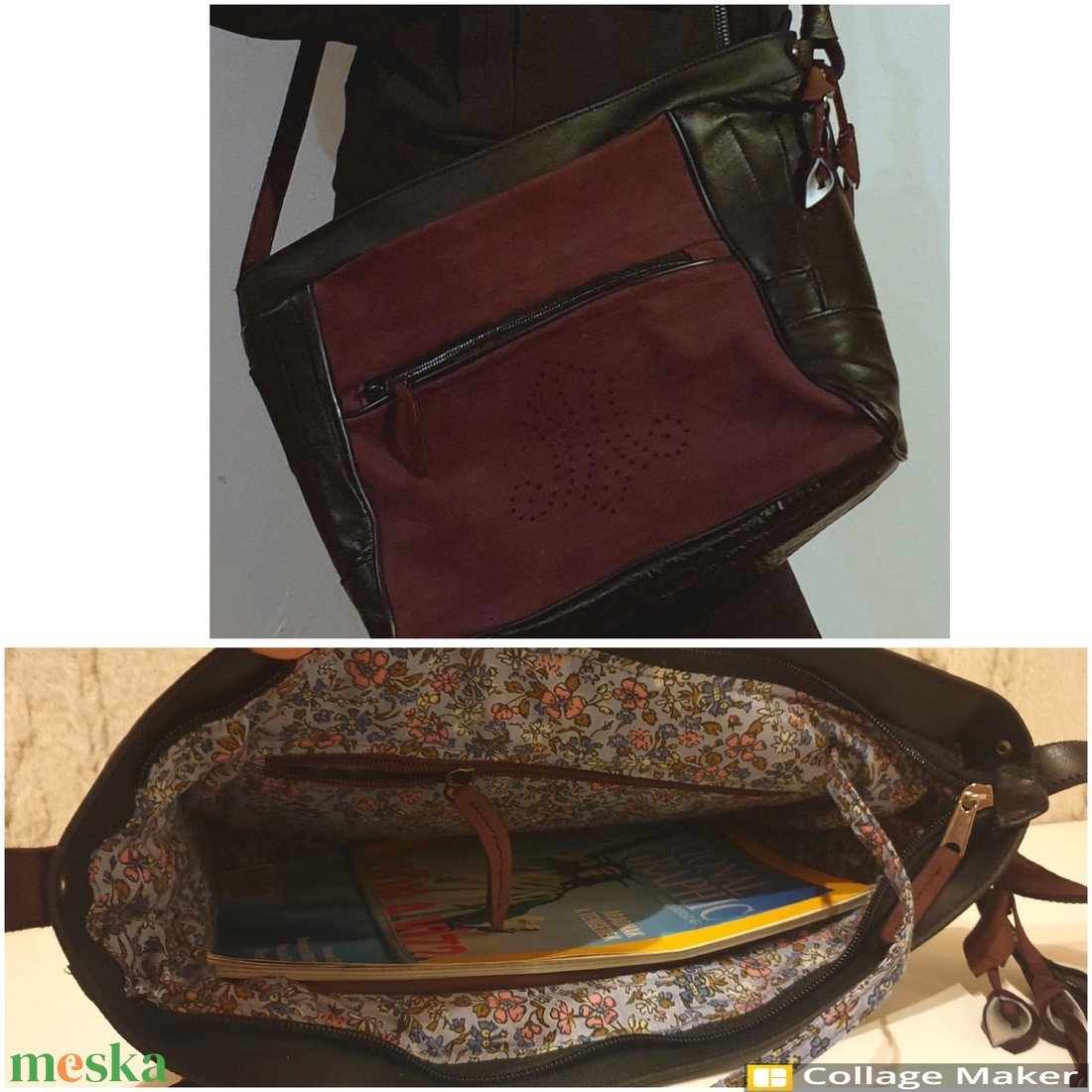Válltáska, puha valódi bőr. Fekete és bordó, egyedi díszítéssel. Új, kézműves termék. Ajándéknak is - táska & tok - kézitáska & válltáska - válltáska - Meska.hu