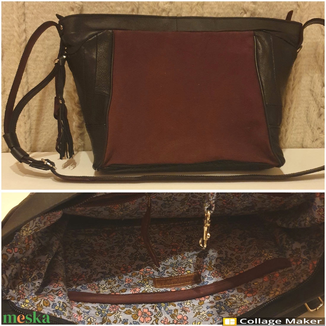Válltáska, puha valódi bőr. Fekete és bordó, egyedi díszítéssel. Új, kézműves termék. Ajándéknak is - táska & tok - kézitáska & válltáska - válltáska - Meska.hu
