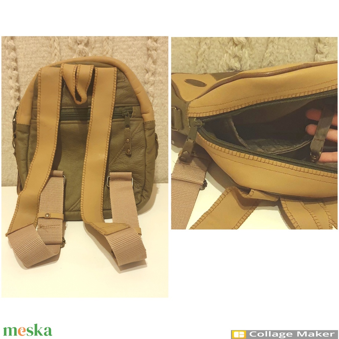 Kis hátizsák, valódi bőr. Barna, terepzöld, természetes, rusztikus stílusban. Egyedi, kézműves termék - táska & tok - hátizsák - kishátizsák - Meska.hu