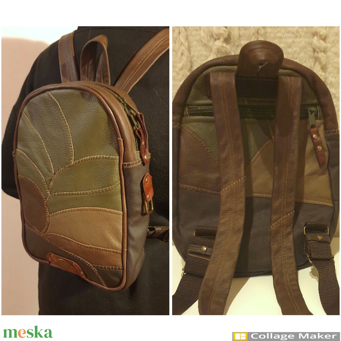 Erdő: kis hátizsák, valódi bőr patchwork. Barna, terepzöld, természetes, rusztikus stílusban. Egyedi, kézműves termék - táska & tok - hátizsák - kishátizsák - Meska.hu