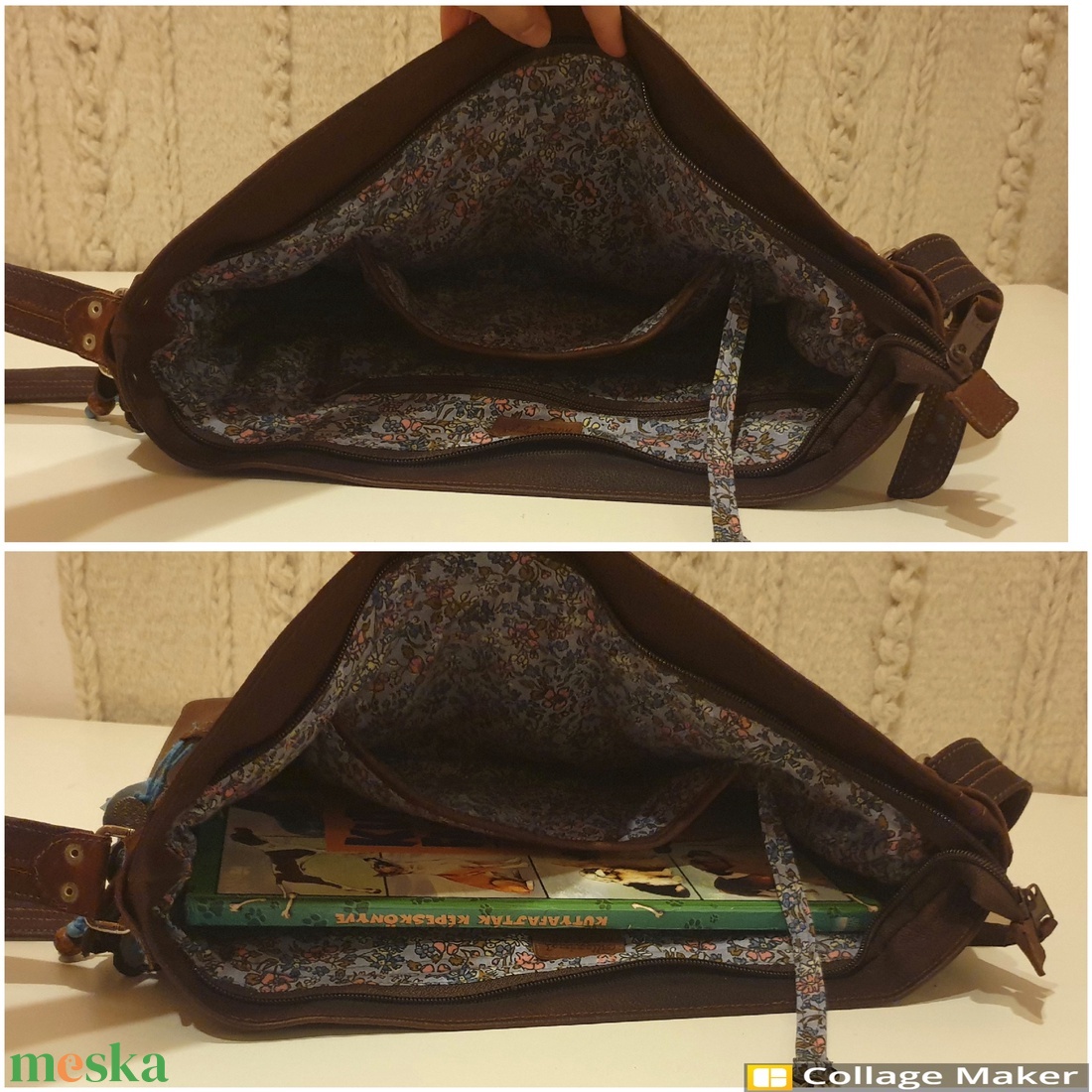 Válltáska, puha valódi bőr. Barna és szürkéskék, egyedi díszítéssel. Új, kézműves termék. Ajándéknak is - táska & tok - kézitáska & válltáska - válltáska - Meska.hu