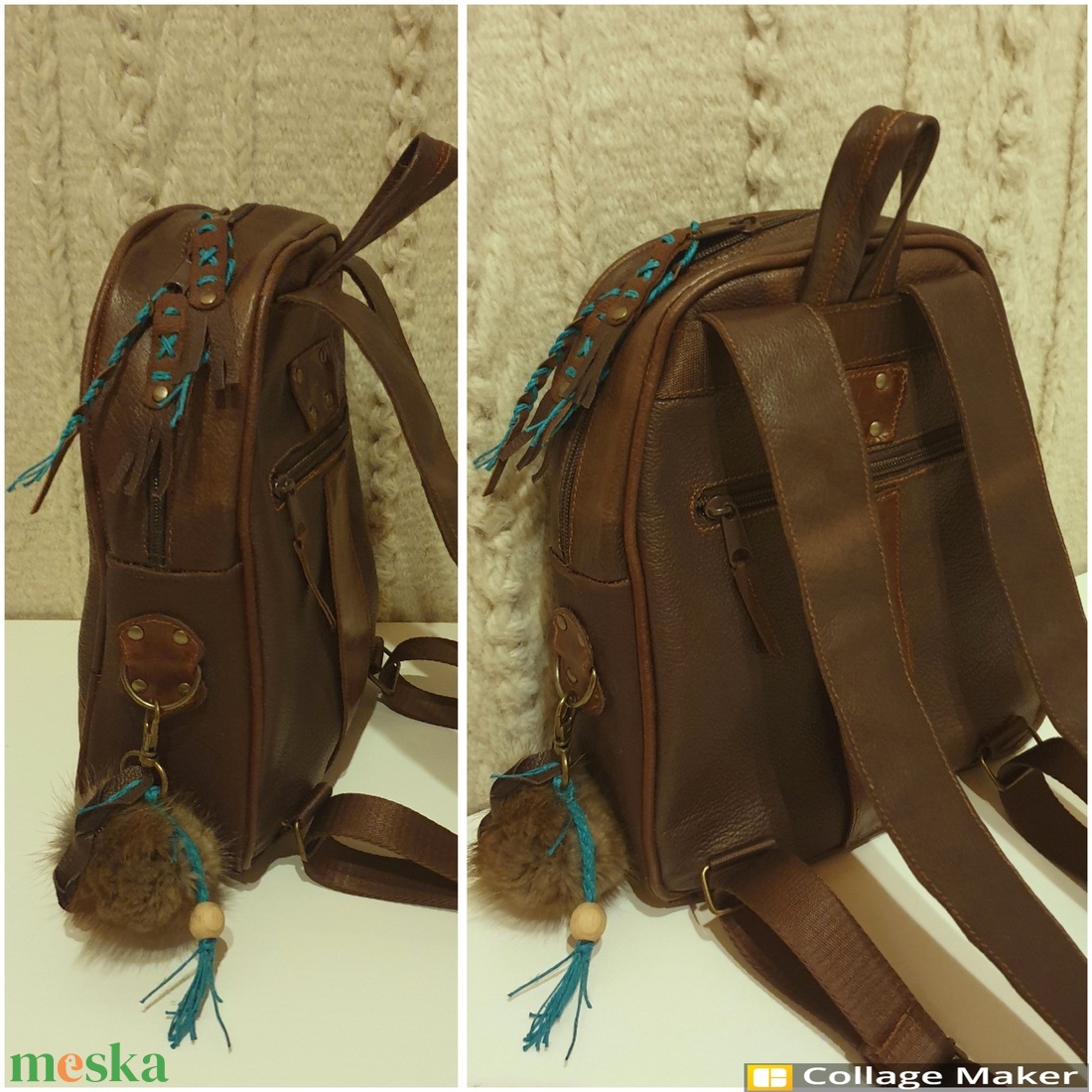 Kis hátizsák, valódi bőr. Barna, türkizzel. Új, egyedi, kézműves termék - táska & tok - hátizsák - kishátizsák - Meska.hu