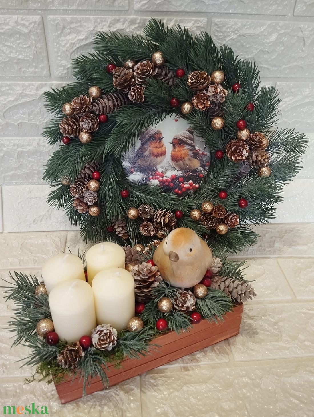 Madárkás adventi szett, élethű 3d fenyővel - karácsony - adventi díszek - adventi asztaldísz - Meska.hu