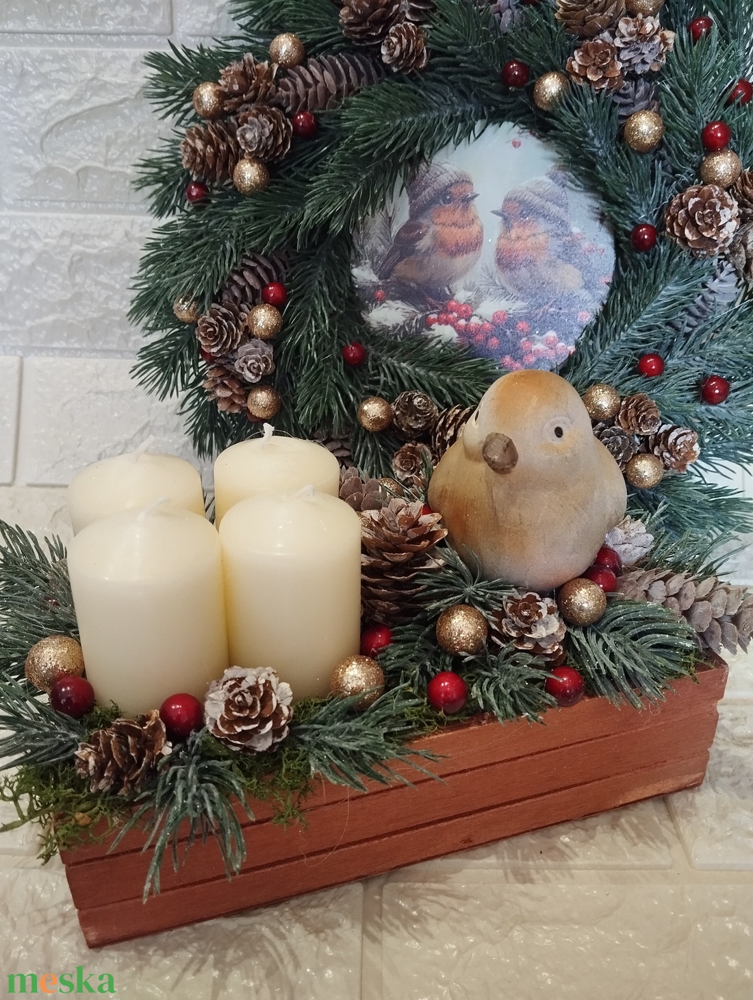 Madárkás adventi szett, élethű 3d fenyővel - karácsony - adventi díszek - adventi asztaldísz - Meska.hu