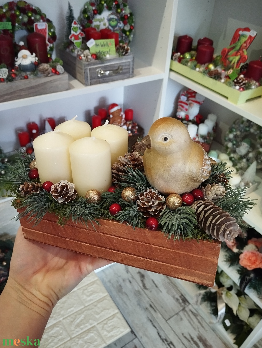 Madárkás adventi szett, élethű 3d fenyővel - karácsony - adventi díszek - adventi asztaldísz - Meska.hu