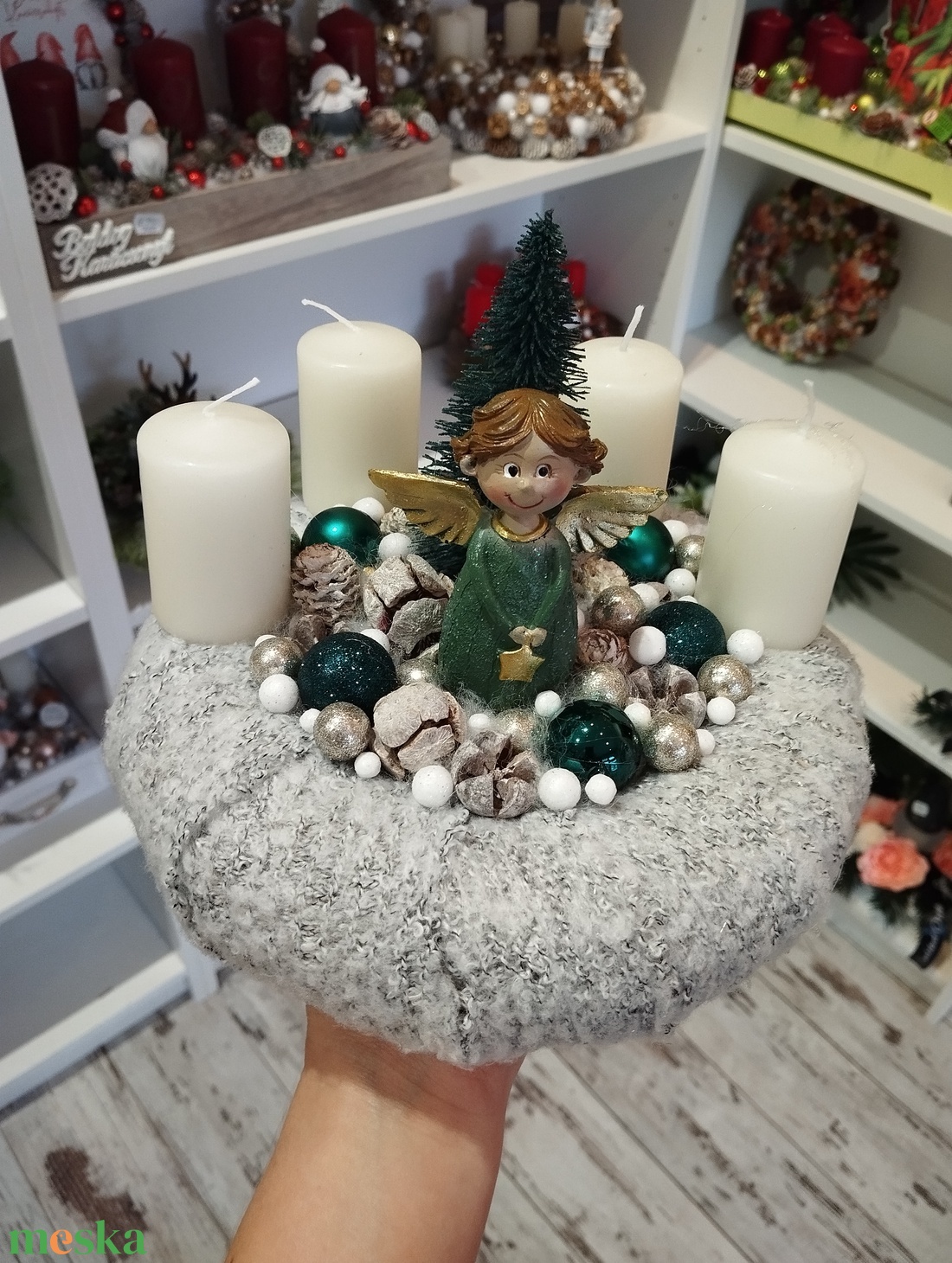 Angyalkás adventi koszorú, zöld - karácsony - adventi díszek - adventi gyertyadíszek és koszorúdíszek - Meska.hu