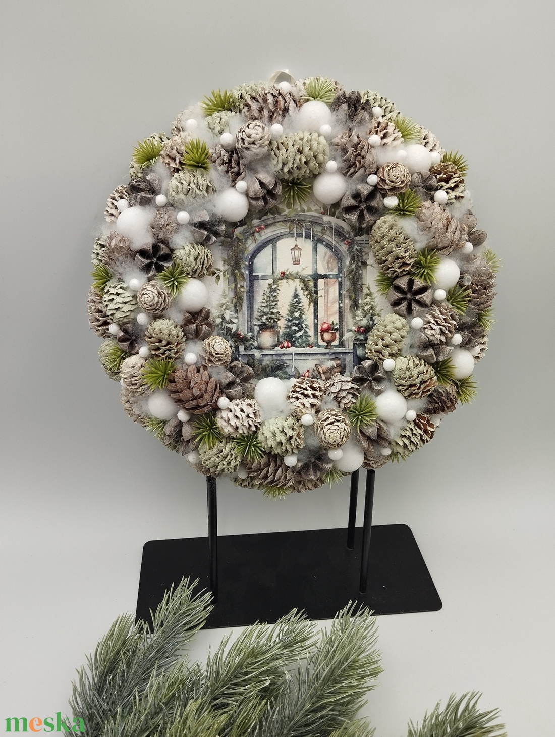 Téli ablak kopogtató, zöld és fehér - karácsony - adventi díszek - adventi ajtódísz - Meska.hu