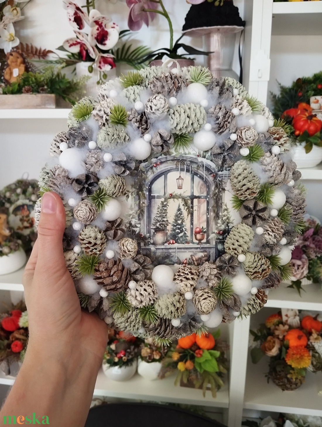Téli ablak kopogtató, zöld és fehér - karácsony - adventi díszek - adventi ajtódísz - Meska.hu
