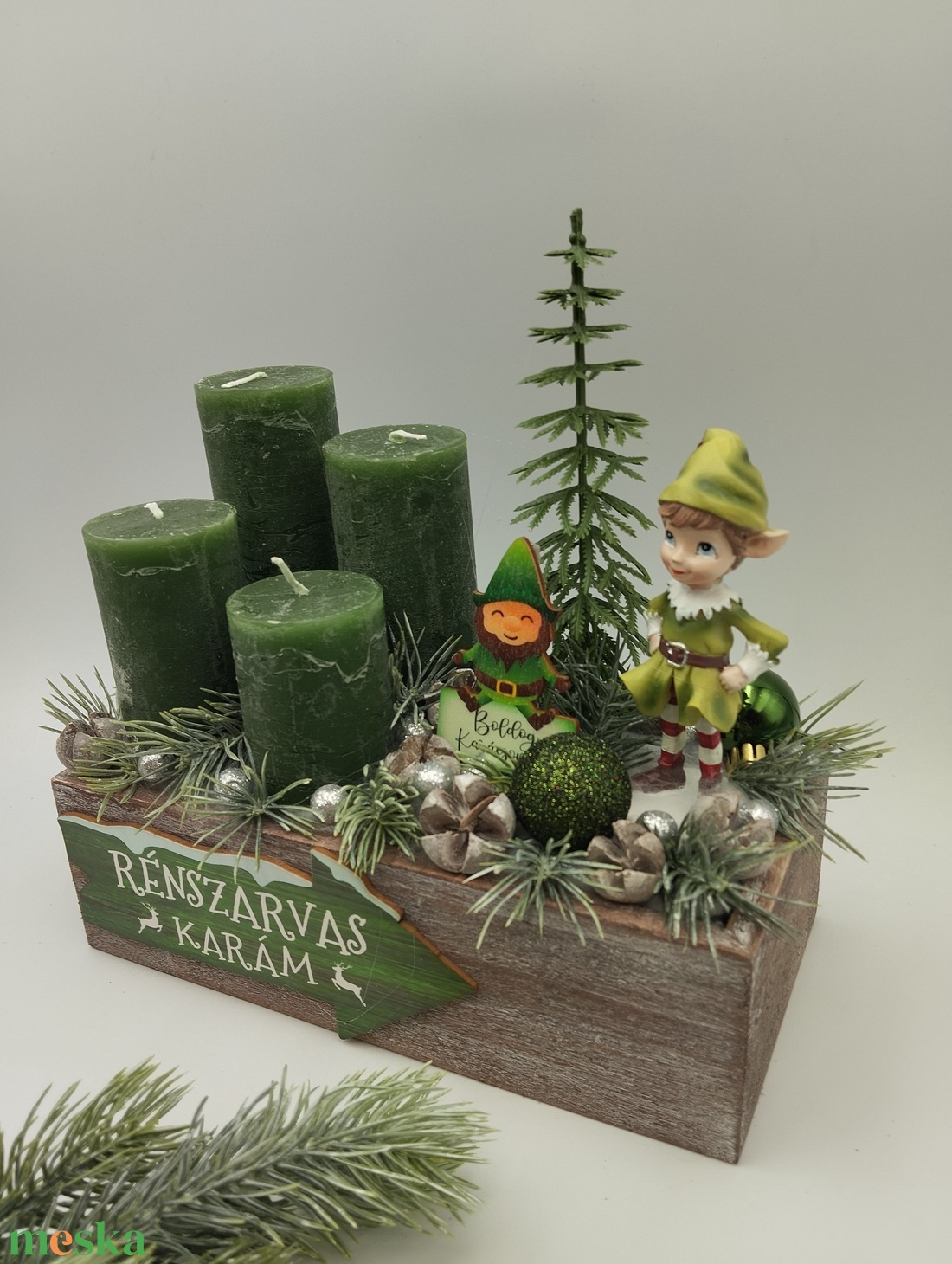 Elf manós adventi box, zöld és ezüst - karácsony - adventi díszek - adventi koszorú - Meska.hu
