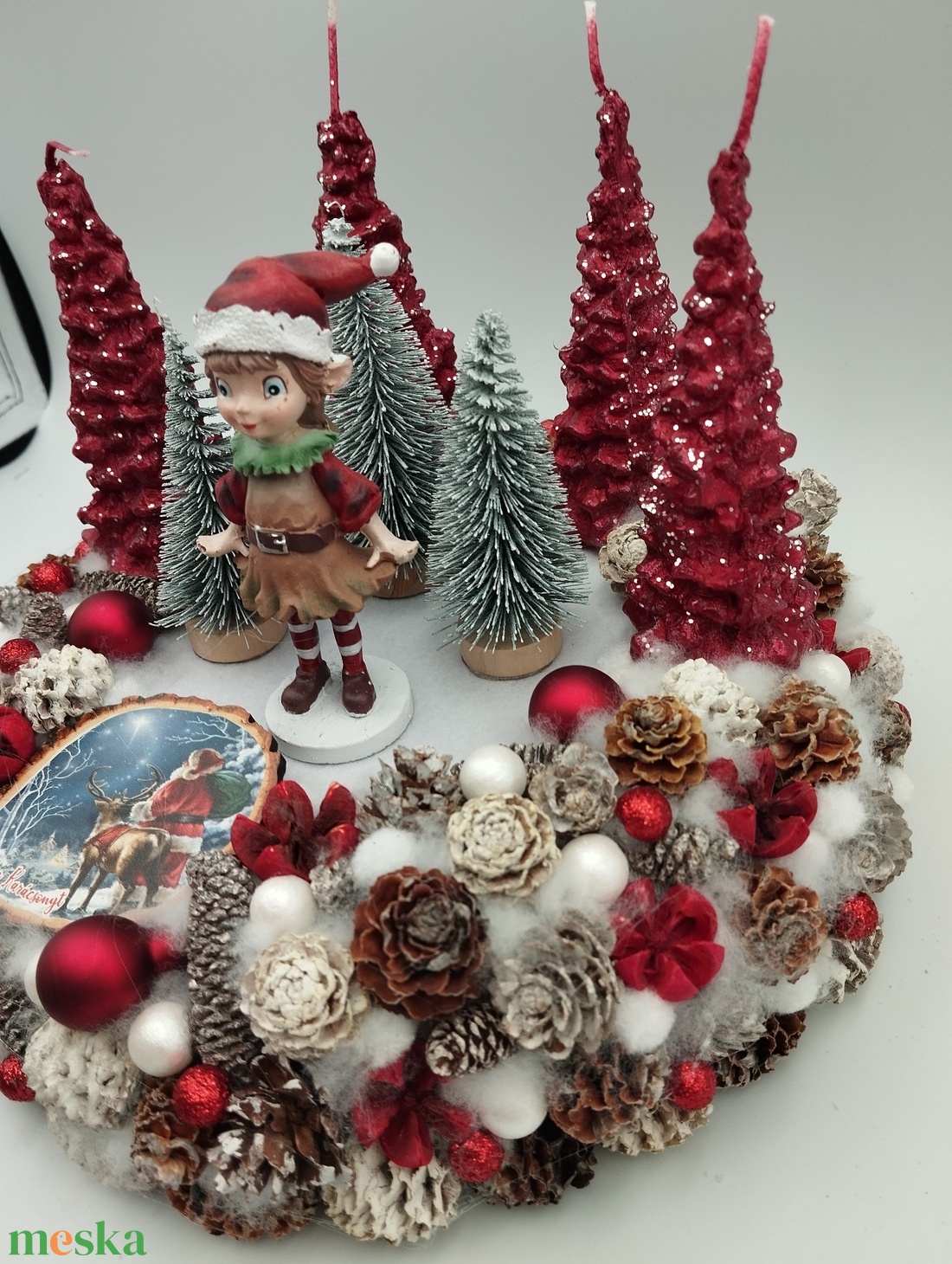Manó lány adventi koszorú, fenyő gyertyákkal - karácsony - adventi díszek - adventi koszorú - Meska.hu