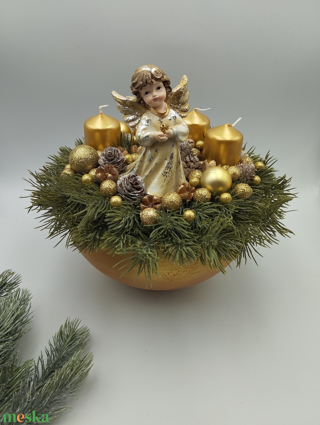 Nagy Vzs arany tálban, angyalos adventi asztaldísz - karácsony - adventi díszek - adventi asztaldísz - Meska.hu