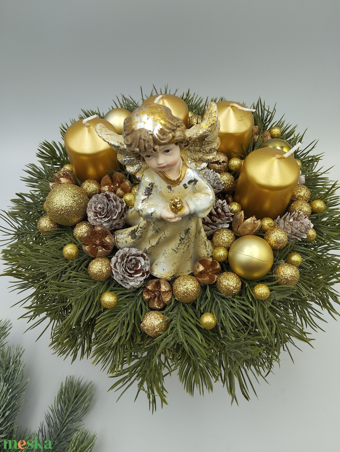 Nagy Vzs arany tálban, angyalos adventi asztaldísz - karácsony - adventi díszek - adventi asztaldísz - Meska.hu