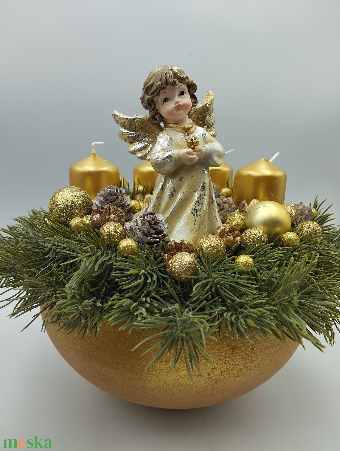 Nagy Vzs arany tálban, angyalos adventi asztaldísz - karácsony - adventi díszek - adventi asztaldísz - Meska.hu