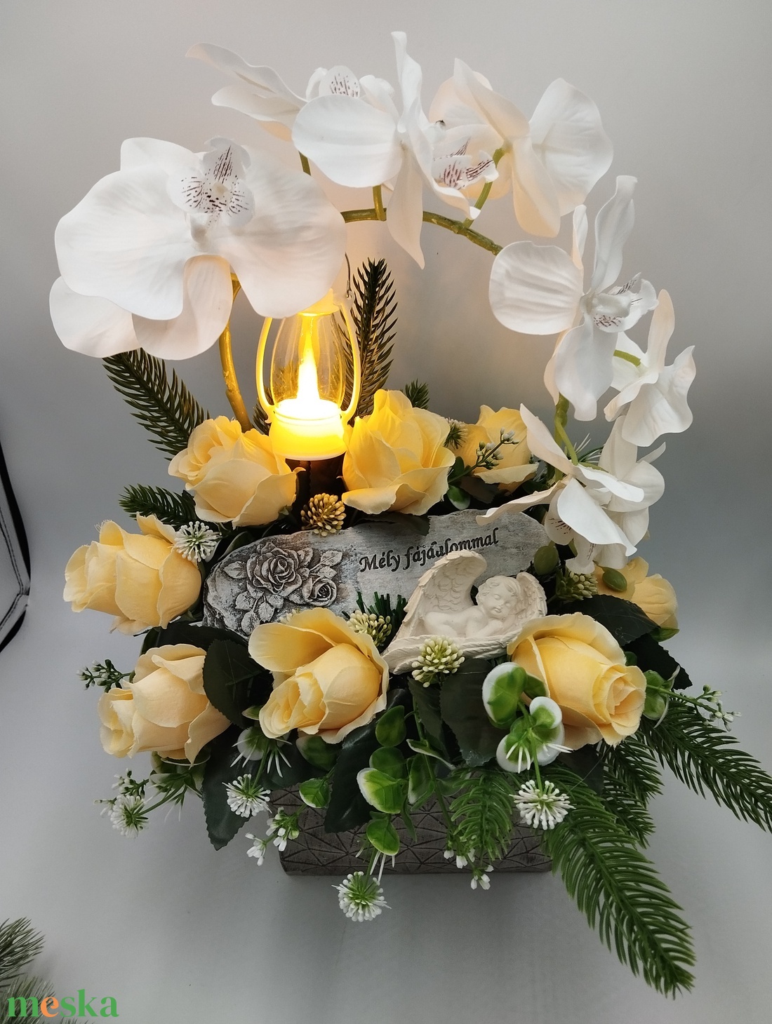 Orchideás sírdísz, led lámpással - otthon & életmód - vallás - temetkezési tárgy - sírcsokor, virág dekoráció - Meska.hu